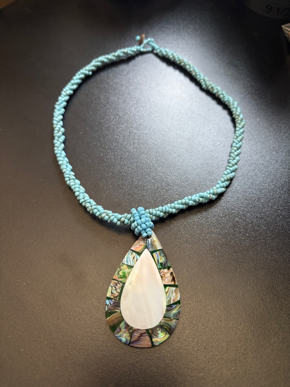 Teal Beaded Necklace with Abalone Teardrop Pendant - Unbranded